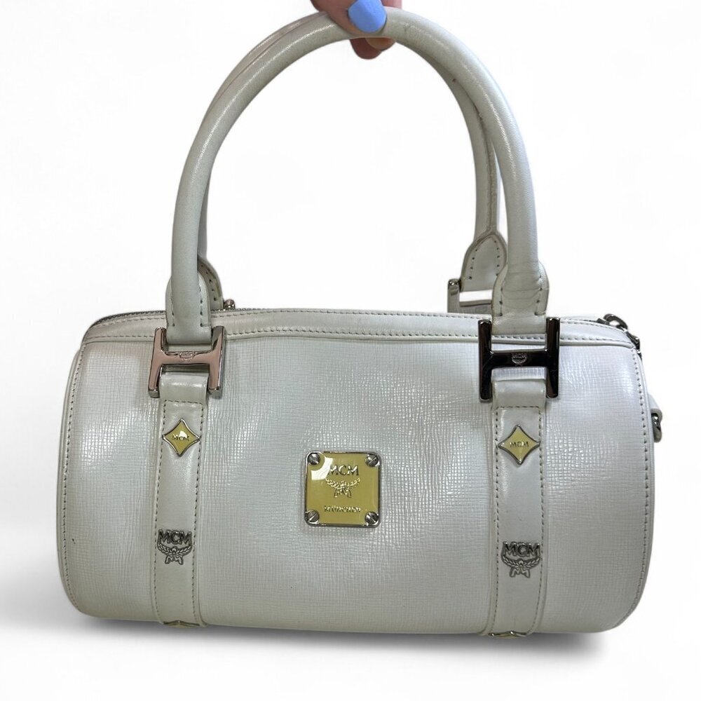 MCM White Leather Papillon Barrel Bag